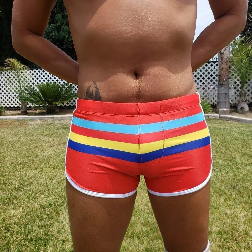 Men's Sexy Striped Swimwear Trunks Resort Shorts Red XL